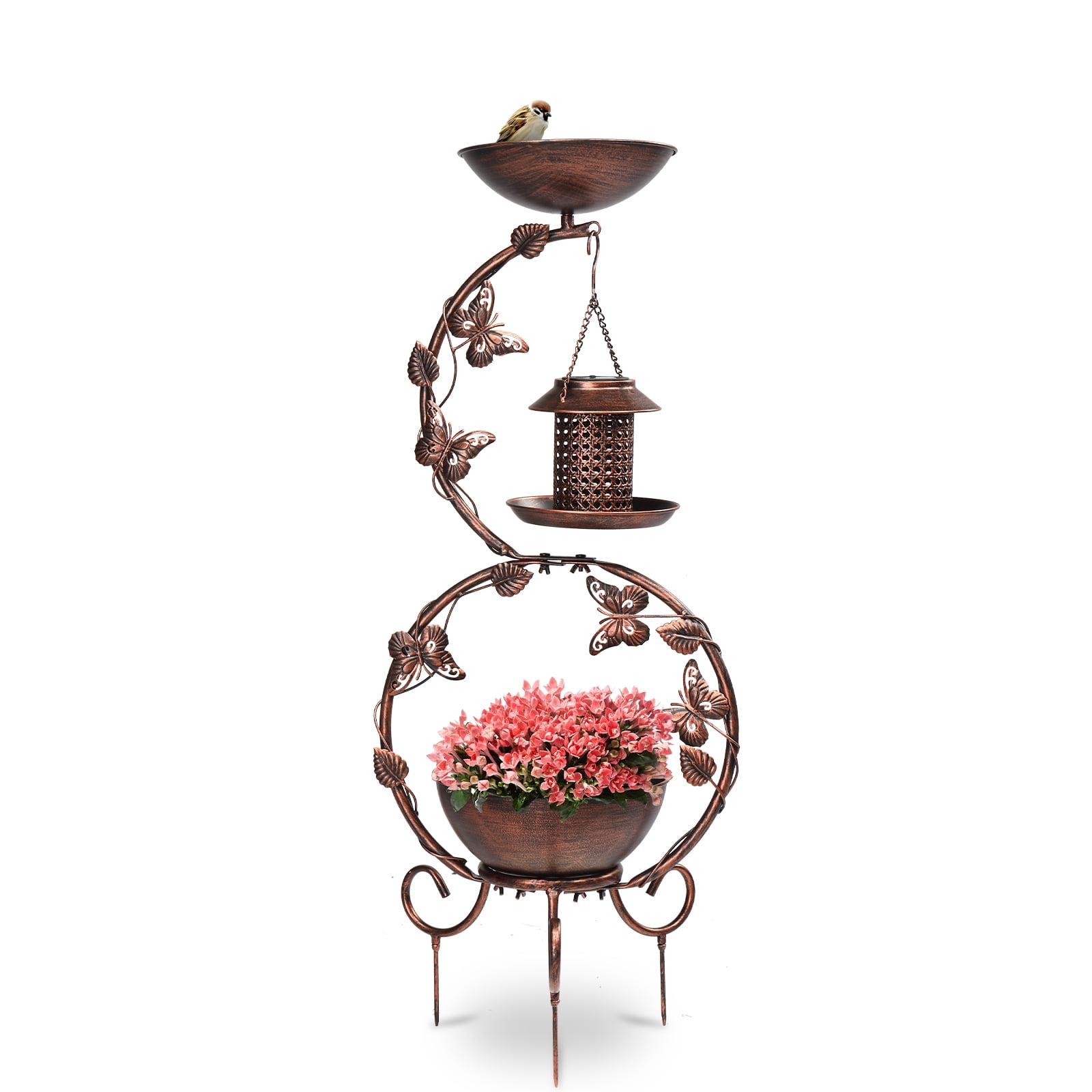 UBesGoo Weather Resistant Metal Bird Bath with Butterfly,  37.8" H Bird Bath,  Solar Feeder and Flower Planter Pedestal, Outdoor Garden Yard Decoration
