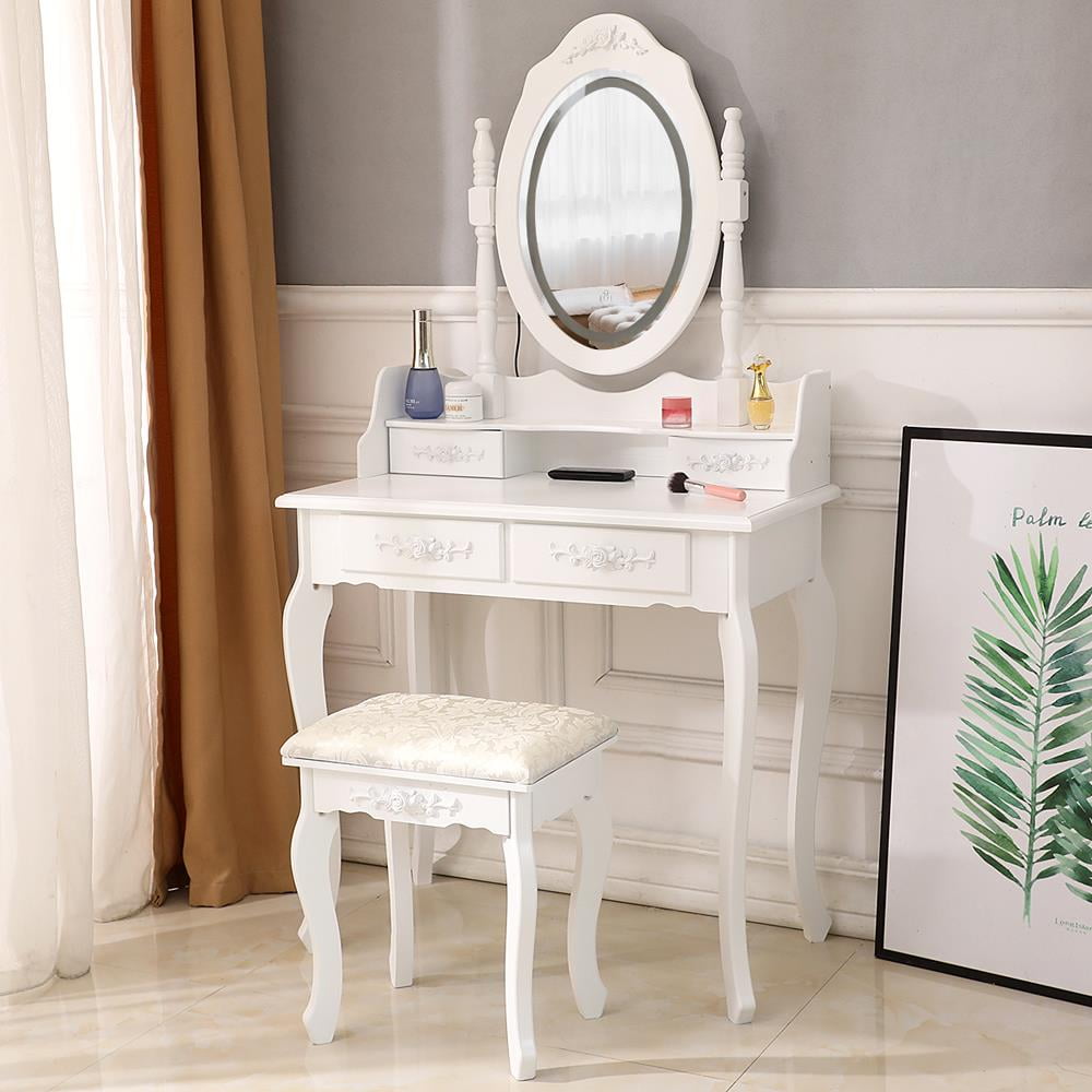 UBesGoo White Vanity Set with Lighted Mirror Wood Makeup Dressing Table and Stool Set with 4 Drawers and Cushioned Stool for Bedroom