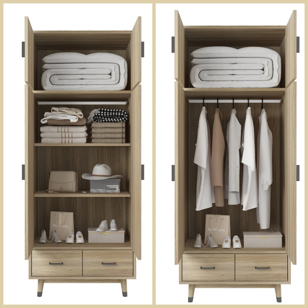 UBesGoo Wood Closet Wardrobe with 2 Drawers, Freestanding Armoire
