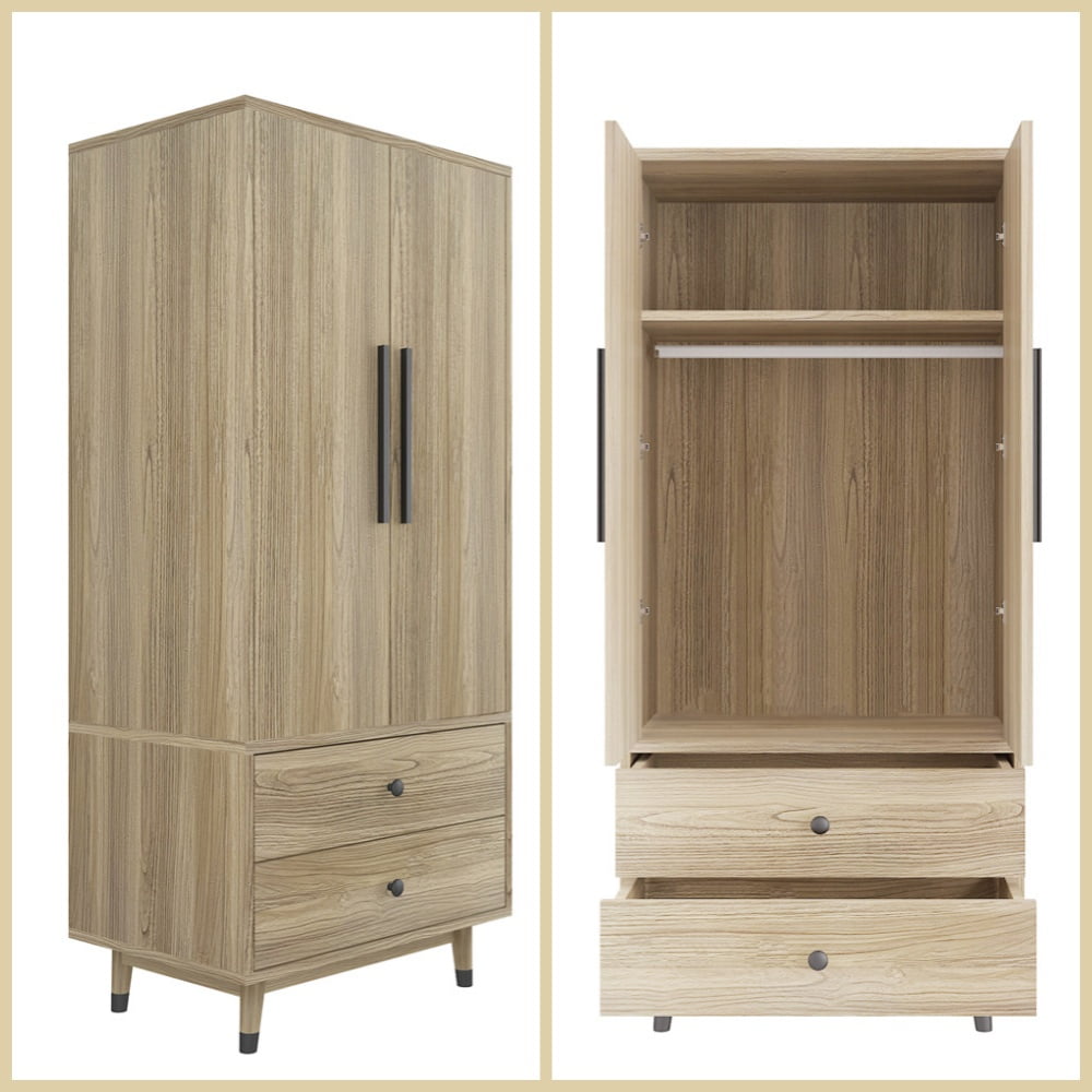 UBesGoo Wood Closet Wardrobe with 2 Drawers, Freestanding Double Door Armoire Cabinet with Hanging Rail, Functional Clothes Storage Organizer,  Oak Finish