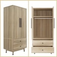 thumbnail image 1 of UBesGoo Wood Closet Wardrobe with 2 Drawers, Freestanding Double Door Armoire Cabinet with Hanging Rail, Functional Clothes Storage Organizer,  Oak Finish, 1 of 9