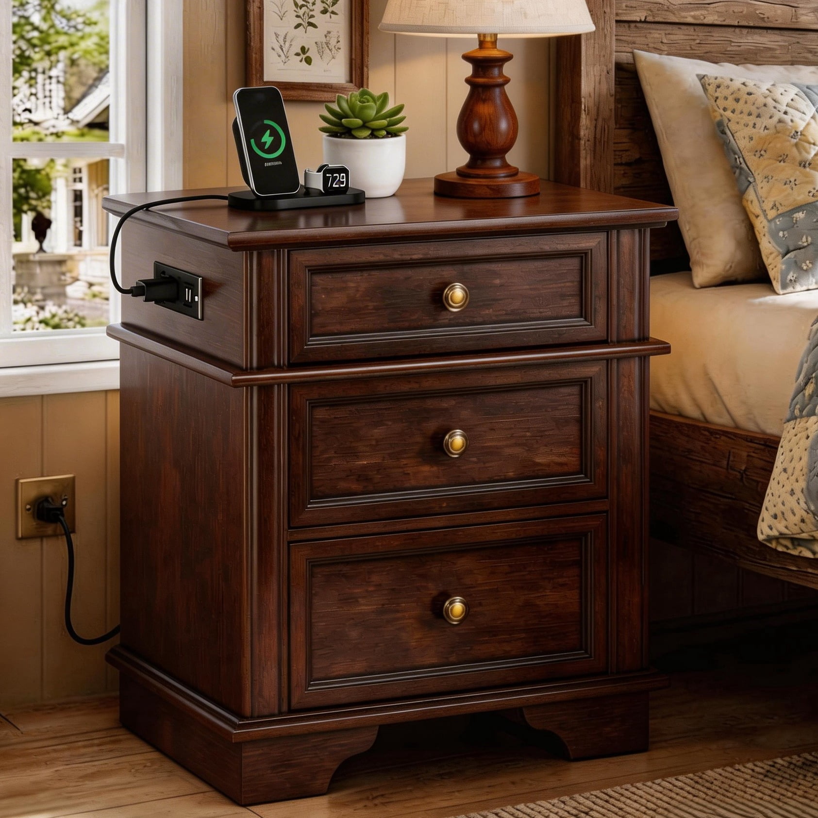 UBesGoo Wood Nightstand with Outlets & USB Ports, 3 Drawer Traditional Cottage Bedside Table, Brown