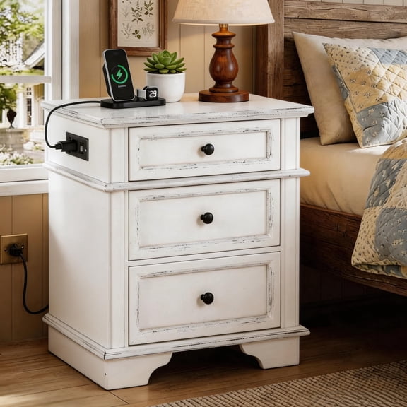 UBesGoo Wood Nightstand with Outlets & USB Ports, 3 Drawer Traditional Cottage Bedside Table, Wash White