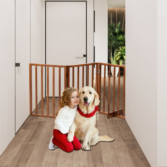 UBesGoo Wooden Freestanding Foldable Pet Gate for Dog, (Brown, 24" Height-4 Panels)