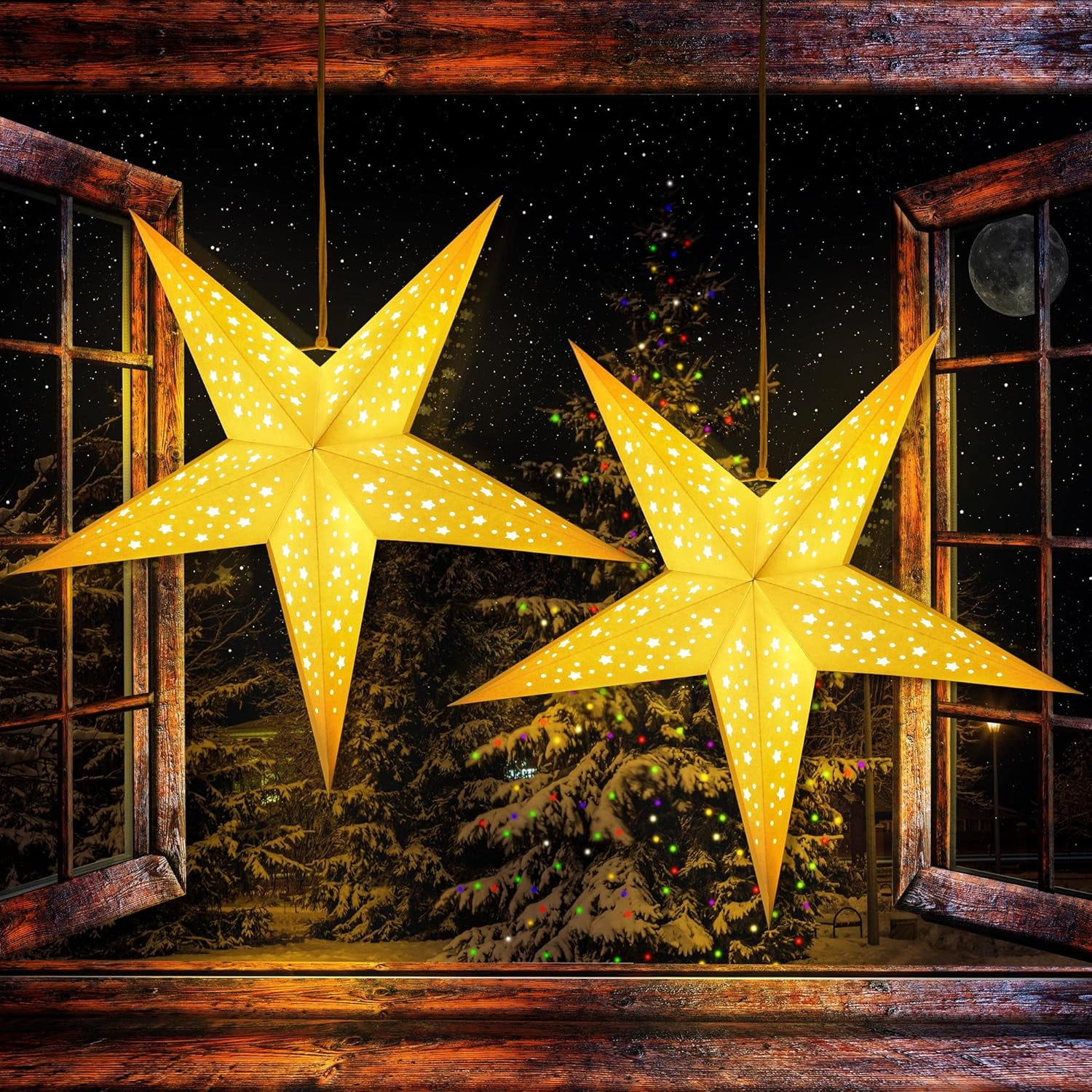 UCACA 2 Pack Paper Star Lantern 24 Inch, 8 Mode 50 LEDs Firework Fairy String Lights, Light up Hollow Out Star Hanging Decoration for Indoor Outdoor Room Wedding Christmas Party