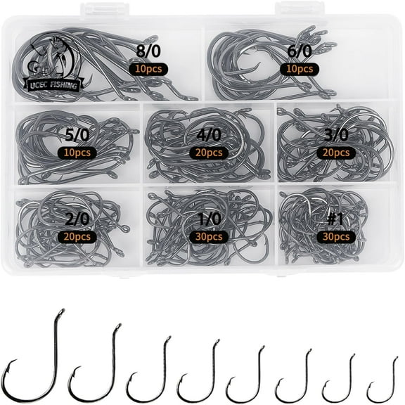 UCEC 150 Pieces Per Box Circle 2X Strong Customized Offset Sport Hooks Black High Carbon Steel Octopus Fishing Hooks - Size:#1 1/0 2/0 3/0 4/0 5/0 6/0 8/0