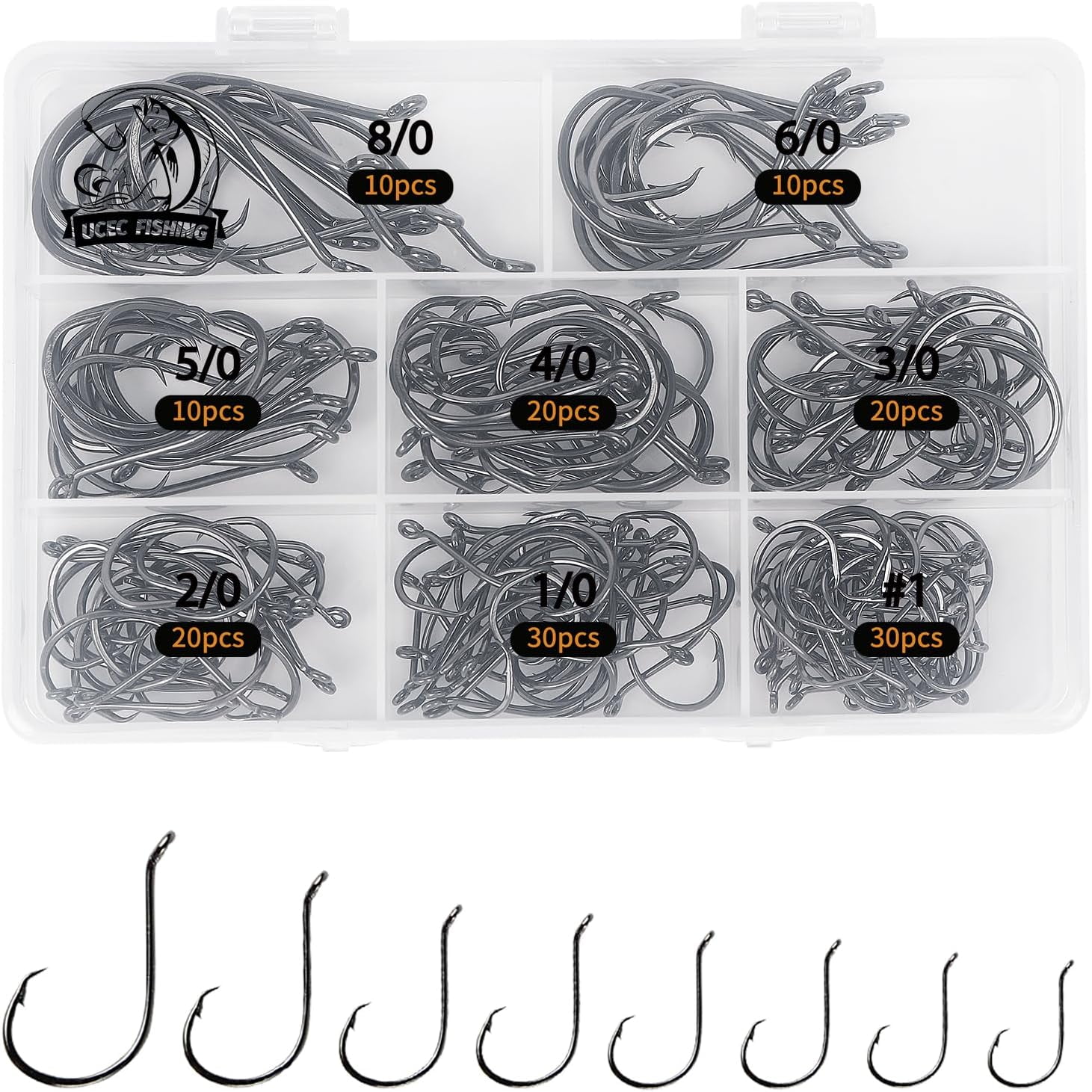 UCEC 150 Pieces Per Box Circle 2X Strong Customized Offset Sport Hooks  Black High Carbon Steel Octopus Fishing Hooks - Size:#1 1/0 2/0 3/0 4/0 5/0  6/0