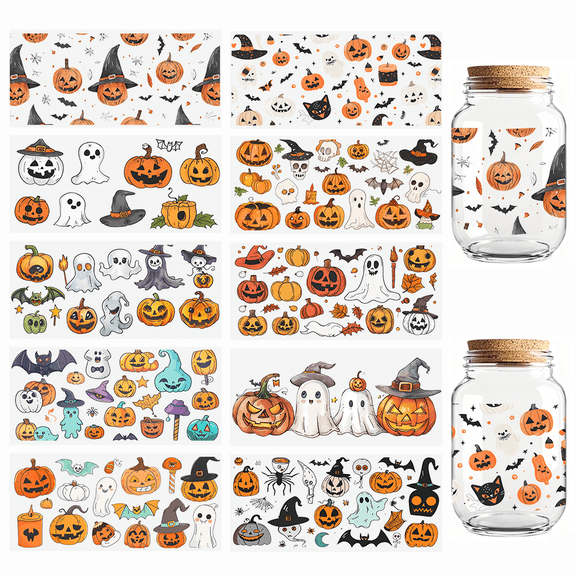 UCEI 10 Pack UV DTF Cup Wraps Transfer Stickers For Glass Cups Classic Halloween Pumpkin UV DTF Decals