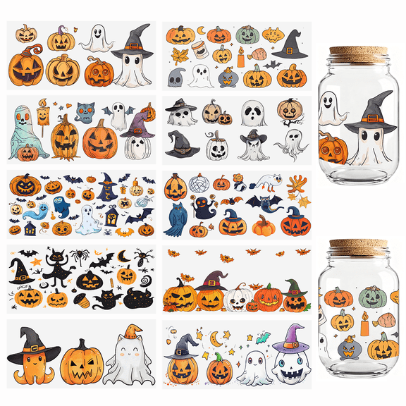 UCEI 10 Pack UV DTF Cup Wraps Transfer Stickers For Glass Cups Classic Pumpkin Halloween UV DTF Decals