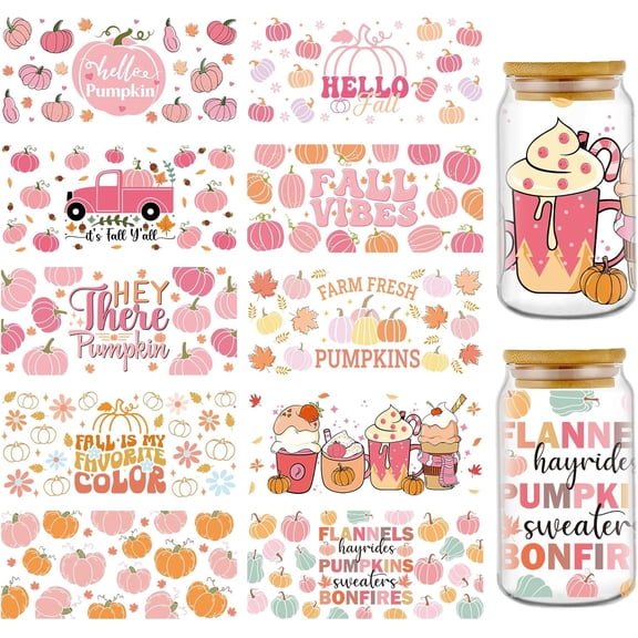 UCEI 10 Pack UV DTF Cup Wraps Transfer Stickers For Glass Cups Pink Pumpkin Fall UV DTF Decals
