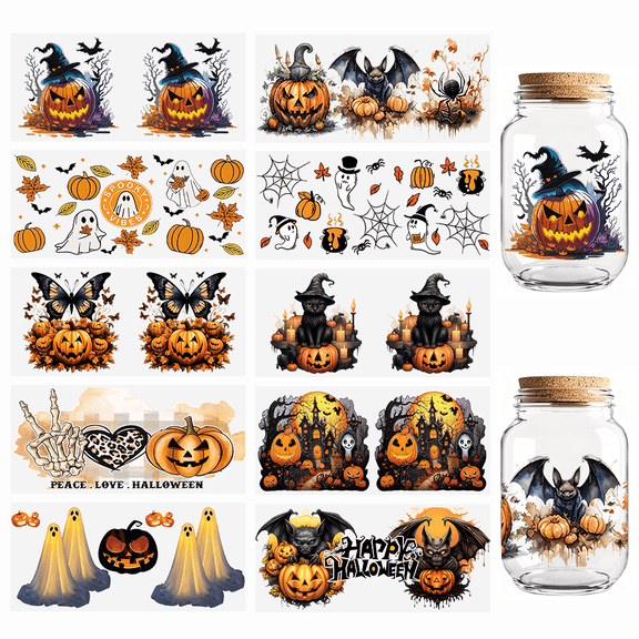 UCEI 10 Pack UV DTF Cup Wraps Transfer Stickers For Glass Cups Spooky Pumpkin Halloween UV DTF Decals