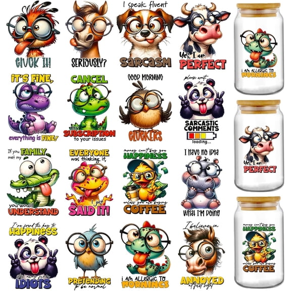 UCEI 16 Pack UV DTF Transfer Stickers Funny Animal Decals Waterproof 3D for Coffee Mugs Cups