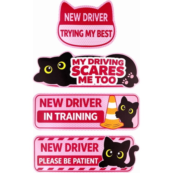 UCEI 4 Pack Funny New Driver Car Magnets 9" Pink Black Cat Bumper Decals