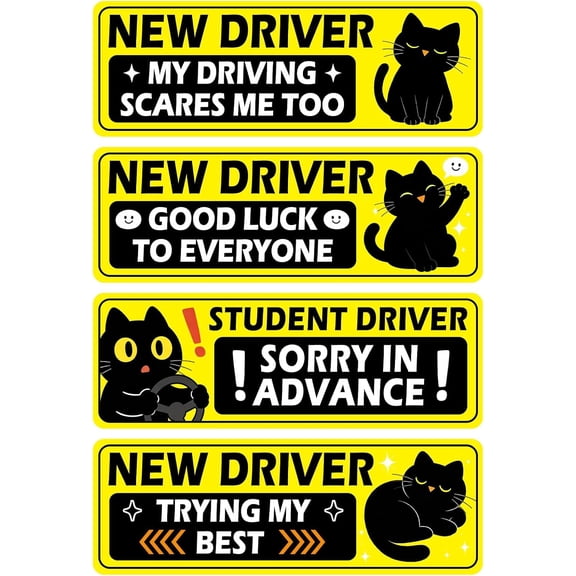 UCEI 4 Pack Funny Student Driver Car Magnets 9.05" Yellow Black Cat Bumper Signs