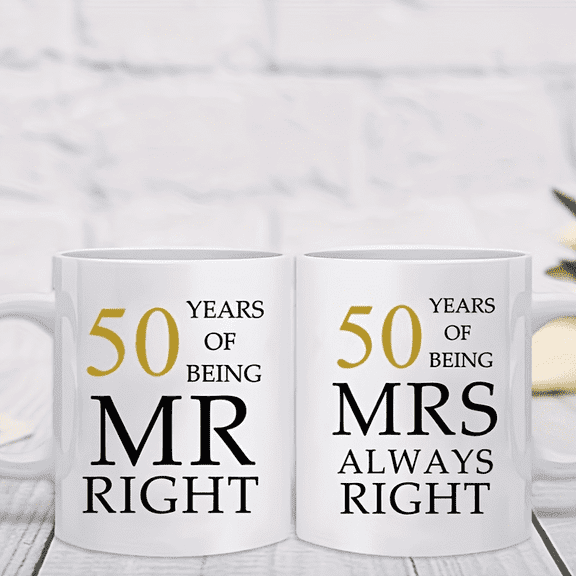 UCEI 50th Anniversary Mugs Set of 2 Mr Right Mrs Always Right Coffee Cups 11oz Ceramic