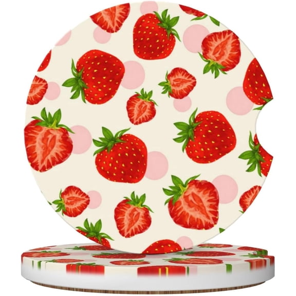 UCEI Absorbent Ceramic Car Coasters for Cup Holders Sweet Red Strawberry Stone Drink Coaster with Cork Base 2 Pack