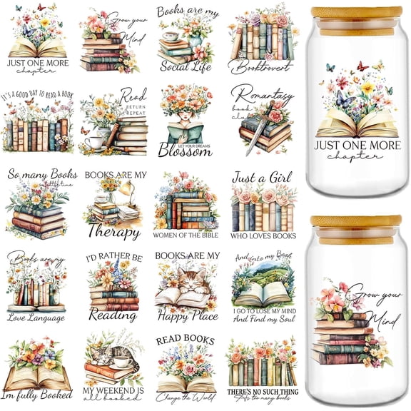 UCEI Book Lover Transfer Stickers 20 Sheets UV DTF Cup Wraps for 16oz Glass Jars Waterproof DIY Decals