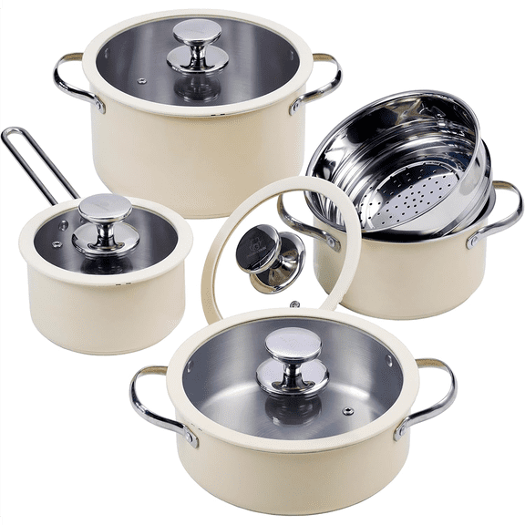 UCEI Cream Enamel Style Cookware Set 9 Piece Stainless Steel Kitchen Pots with Lids