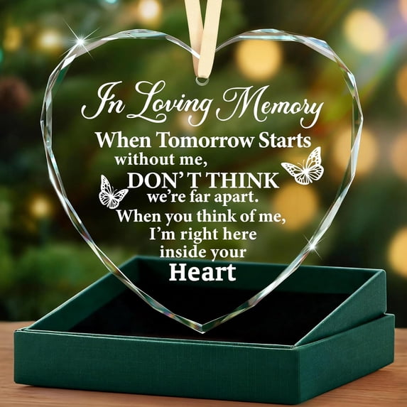 UCEI Heart Shaped Crystal Glass Ornament In Loving Memory Memorial Keepsake with Butterflies Hanging Decor Sympathy Gift with Gift Box