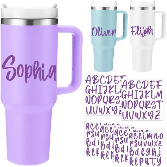 UCEI Personalized Name Stickers 6 Pack Waterproof Vinyl Alphabet Decals Purple Script Letters for Tumblers Storage Organization
