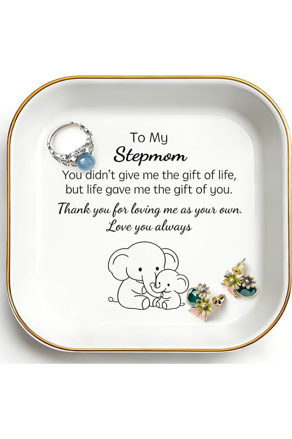 To My Stepmom Ceramic Ring Dish Thank You Gift Jewelry Tray With Gold Trim Elephant Design Trinket Holder For Stepmom Birthday Mothers Day