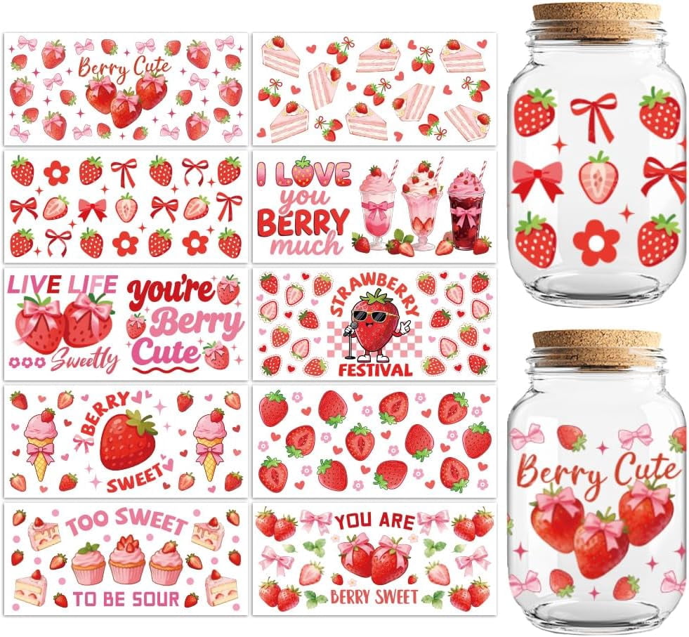 UCEI UV DTF Strawberry Stickers 10 Sheets Waterproof Transfer Decals ...