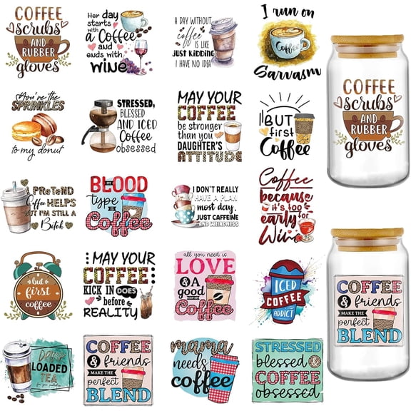 UCEI UV DTF Transfer Stickers 20 Pack Coffee Quotes Waterproof Decals 3.1 Inch