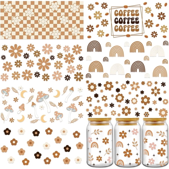 UCEI UV DTF Transfer Stickers 8 Sheets Waterproof Coffee Floral Rainbow Decals for Glass Cups Tumbler Water Bottle Phone Case Laptop Brown