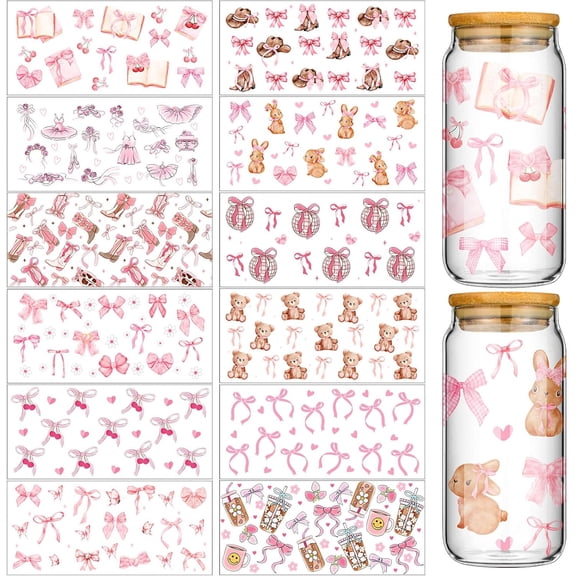 UCEI UV DTF Transfer Stickers For Glass Cups, Waterproof Bow Coquette Ballet Teddy Bear Bunny Rabbit Decals For 16 Oz Tumbler, 12 Pack