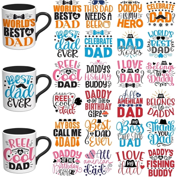 UCEI UV DTF Transfer Stickers for Mugs 24 Pieces Waterproof Dad Father's Day Themed Rub On Decals for Glass Cups Tumblers Water Bottles Self Adhesive Crystal Clear Labels