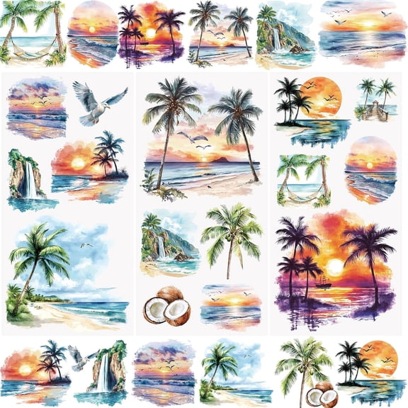 UCEI UV DTF Transfer Stickers for Glass Cups Waterproof Beach Sunset Palm Tree Rub On Decals 3 Sheets