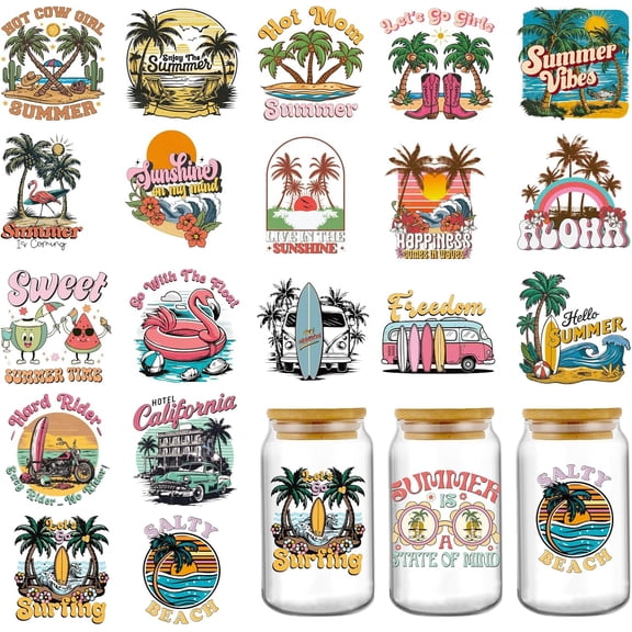 UCEI UV DTF Transfer Stickers for Glass Cups Waterproof Summer Vibes Beach Palm Trees Retro Cup Wraps for Coffee Mugs 20 Pack