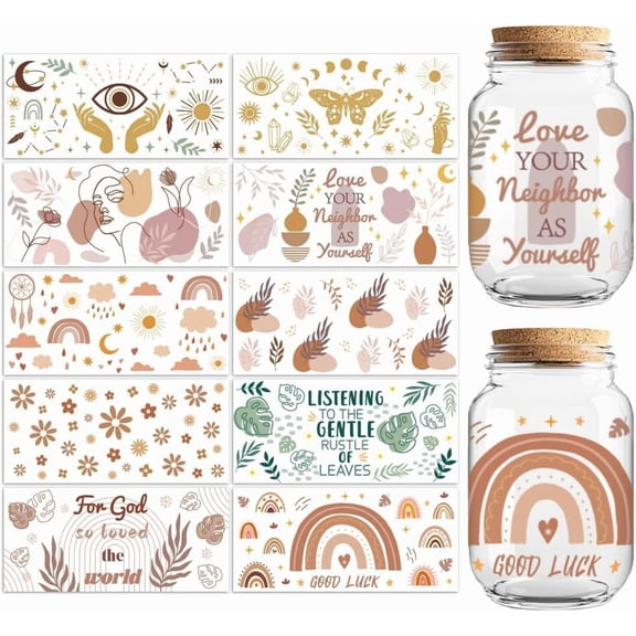 UCEI Waterproof Glass Cup Stickers 10 Sheets Boho Rainbow Decals for Jars Mugs DIY