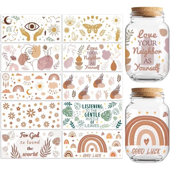 UCEI Waterproof Glass Cup Stickers 10 Sheets Boho Rainbow Decals for Jars Mugs DIY