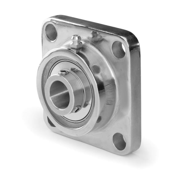 4 Mount Holes, 4 Bolt Flange Bearing, Radial Ball, 1-1/2 in Dia, Stainless Steel, Set Screw Locking