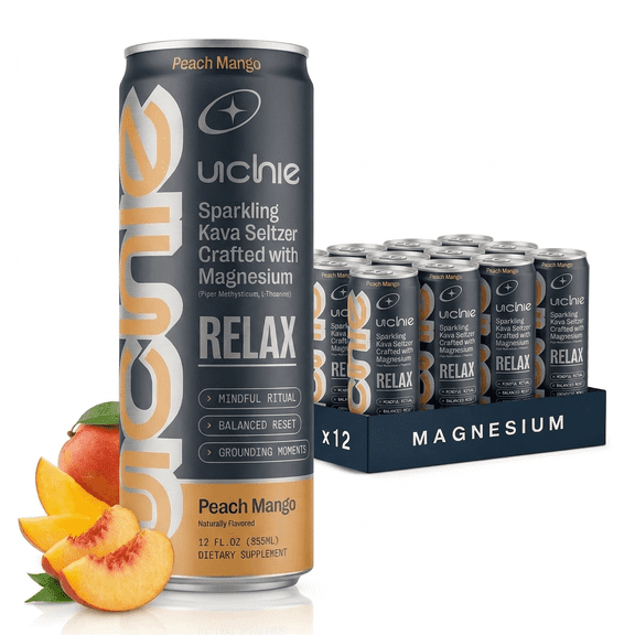 UCHIE Relax Sparkling Kava Seltzer, Peach Mango Flavor, 12 oz, 12 Pack, Functional Beverage With Magnesium and L-Theanine