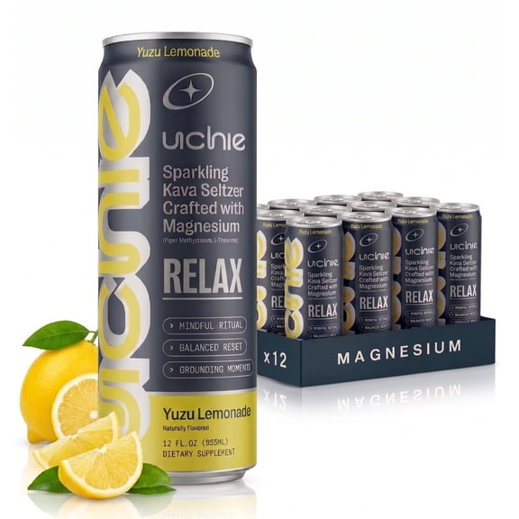 UCHIE Relax Sparkling Kava Seltzer, Yuzu Lemonade Flavor, 12 oz, 12 Pack, Functional Beverage With Magnesium and L-Theanine