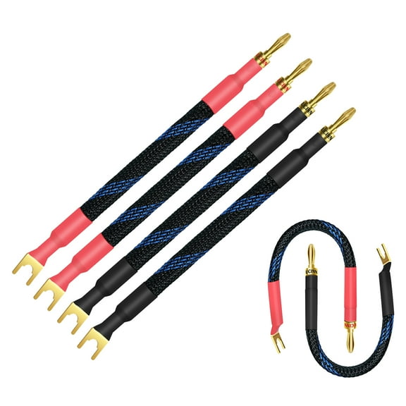 UCINNOVATE 4 x HiFi OFC Gold Plated Spade to Banana Plug Speaker Wire, 13AWG 21cm Bi-Wire Jumper Cable for Amplifiers