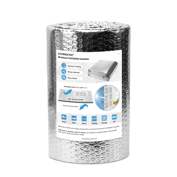 UCINNOVATE Reflective Insulation Roll, 12" x 10 Ft Aluminum Foil Thermal RV Window Insulation for Winter & Summer, Reflexic Radiant Barrier Bubble Roll for Window, Garage, Roof, RV, Attics, Car