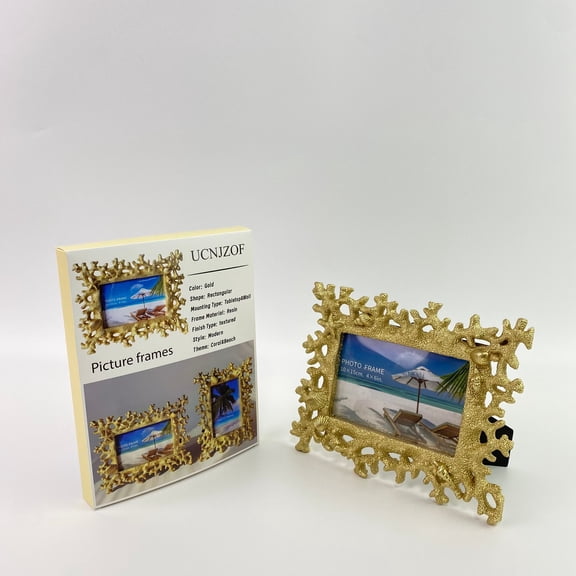 UCNJZOF Picture frames,Gold Coral Photo Frame 4x6  Coastal Resin Picture Frame for Beach, Vacation & Wedding Photos | Tabletop or Wall Display, Secure Packaging, Sturdy Back Support