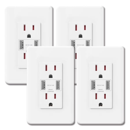 UCOMEN 4-Pack High-Speed USB Wall Outlet - 15A Tamper-Resistant Duplex Outlets with Dual USB Ports, 3.4A Total Output, Smart Charging, and Compact Design in White