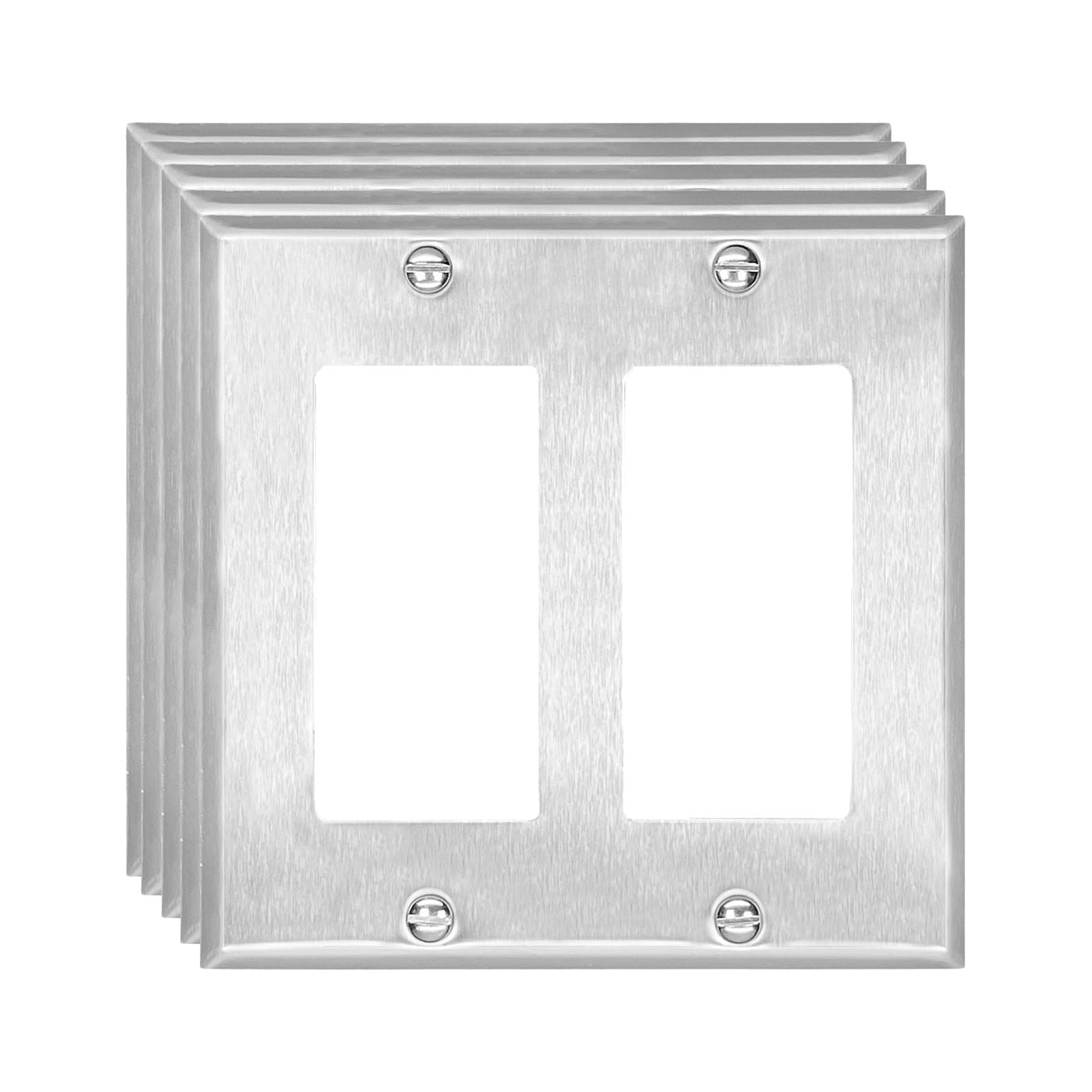 Silver 2Gang Metal Wall Plate (5 Pack) Standard Size for Outlets, Receptacles