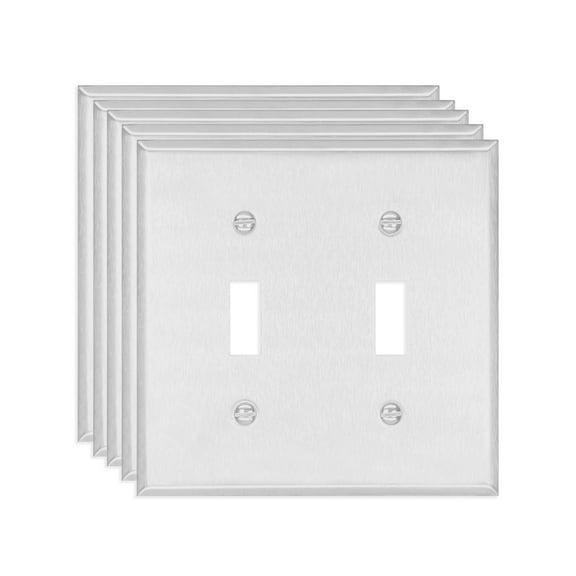 UCOMEN Toggle Light Switch Metal Wall Plate, Standard Size 2 - Gang, 4.57”×4.57”, Silver 5 Pack
