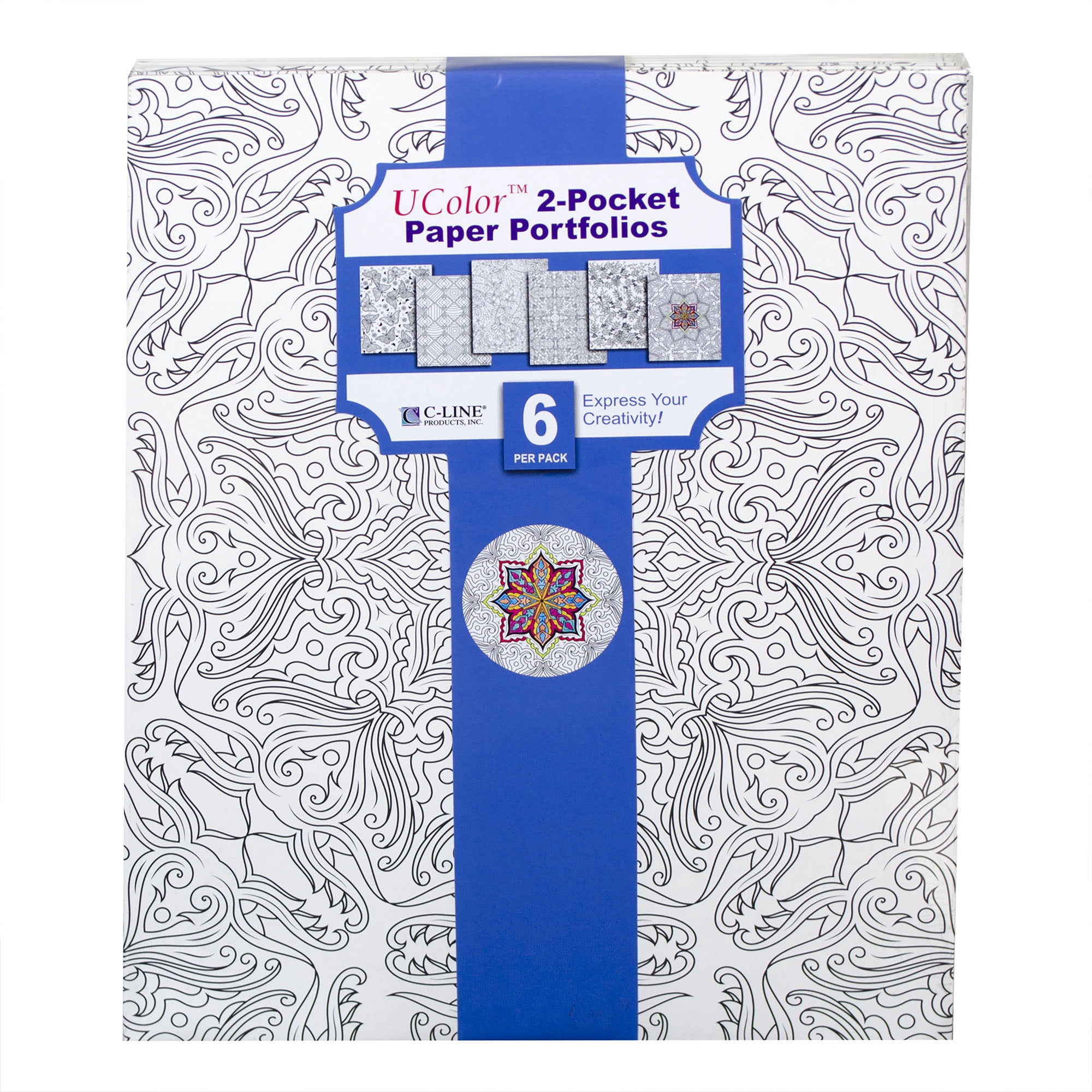 C-line UColor Two-Pocket Coloring Folders, Adult Coloring Patterns, 6/PK (Set of 12 PK)