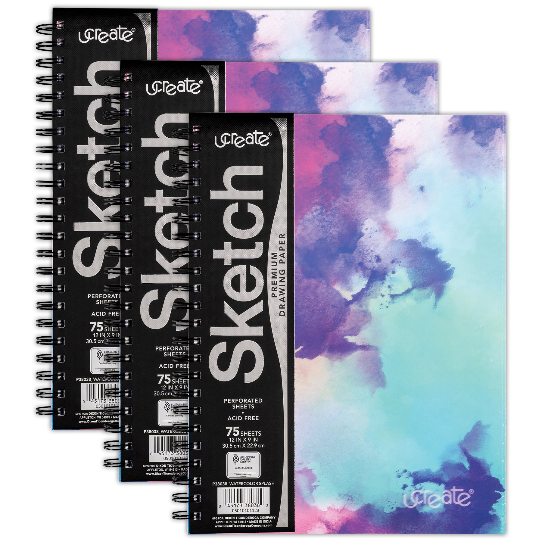 UCreate Fashion Poly Sketch Book, Watercolor Splash, Unruled, 12