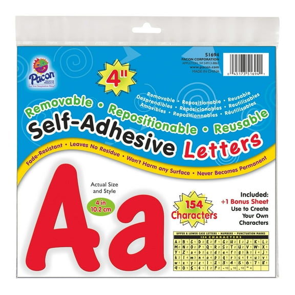 Pacon Self-Adhesive Letters, Red, Cheery Font, 4", 154 Characters