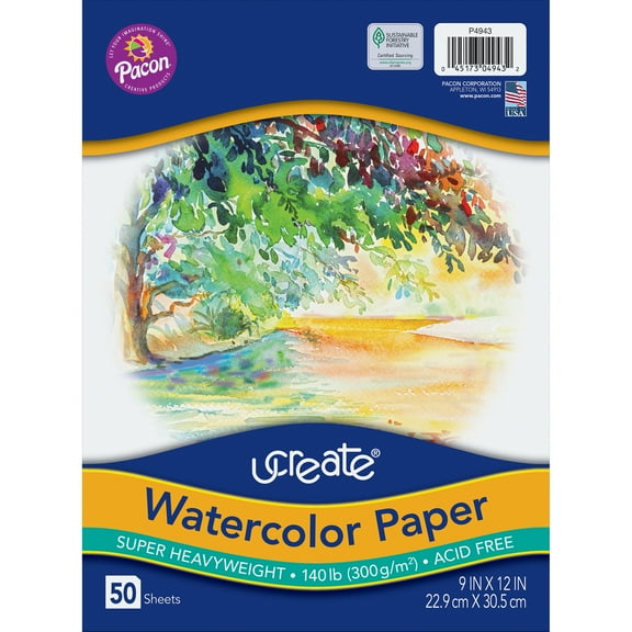 UCreate Watercolor Paper, White, Package, 140 lb., 9" x 12", 50 Sheets