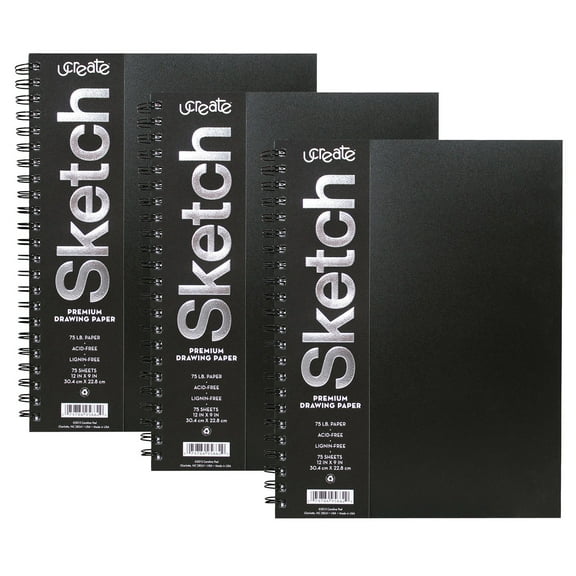 UCreate Poly Cover Sketch Book, Heavyweight, 12" x 9", 75 Sheets, Pack of 3