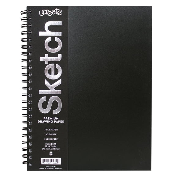 UCreate Poly Cover Sketch Book, Heavyweight, 9 in x 12 in, Black, 75 Sheets