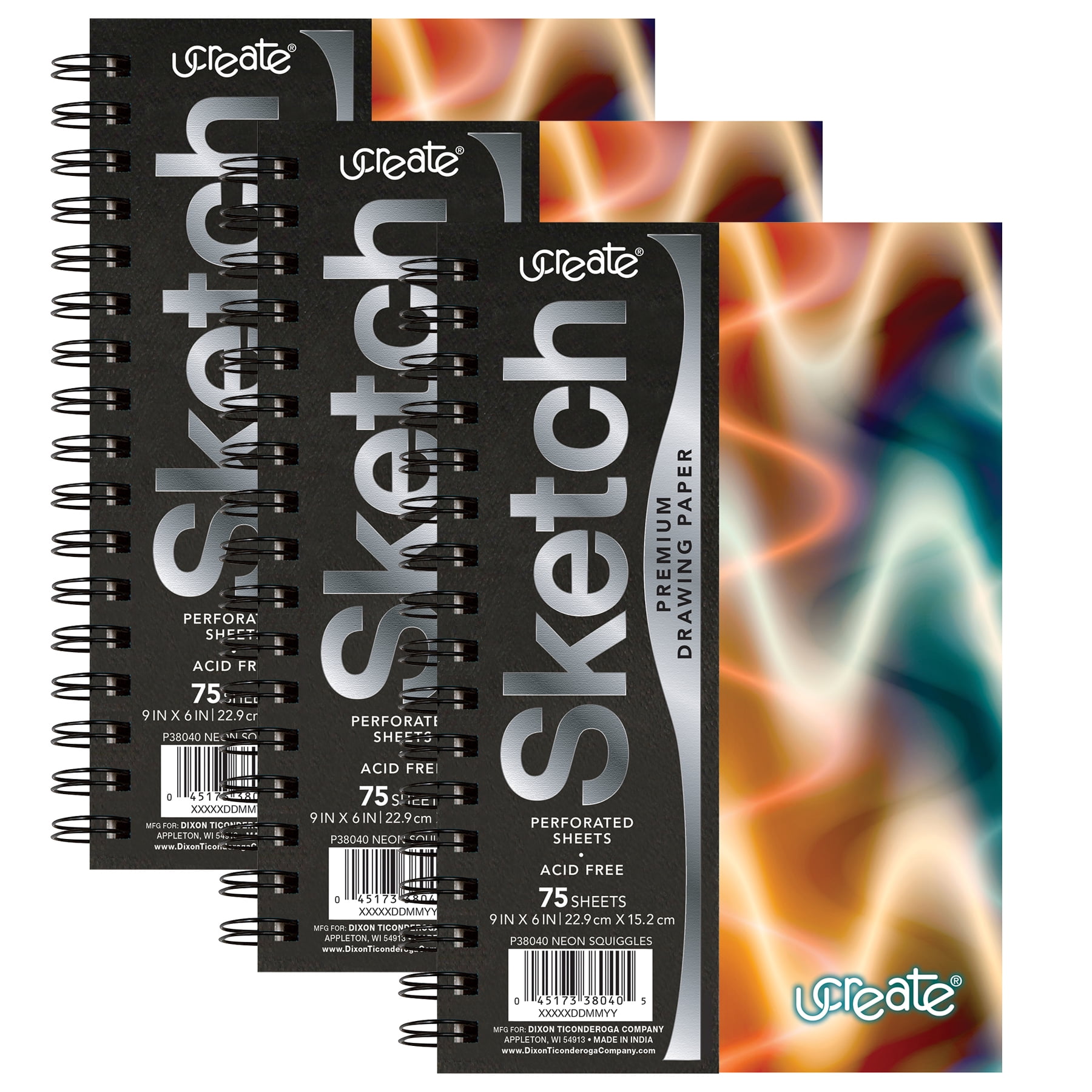 UCreate Poly Sketch Book, Neon Squiggles, 9" x 6", Pack of 3